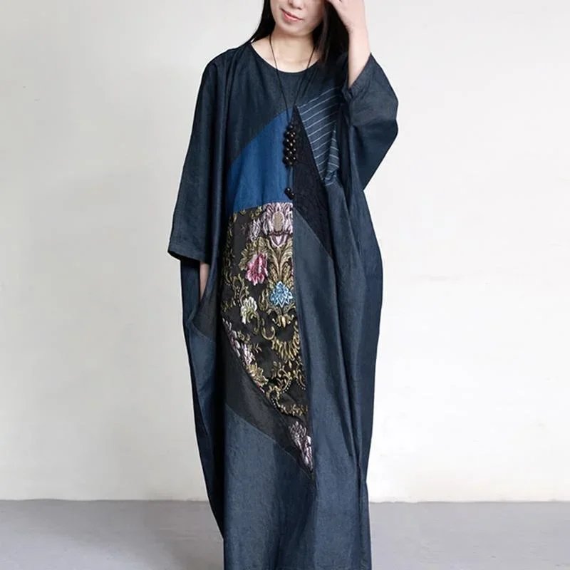 2022 original embroidery denim blue cotton dresses plus size patchwork batwing sleeve maxi dress