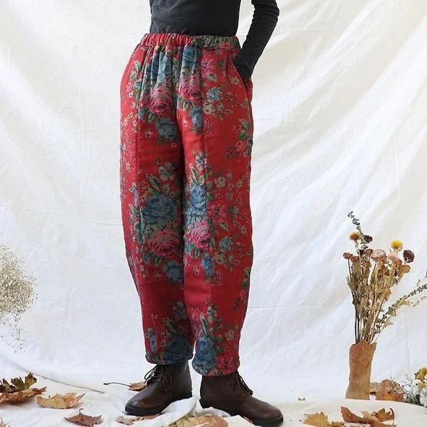 Winter Print Floral Plus Cotton Pants Elastic Waist Red Pockets Warm Trouser