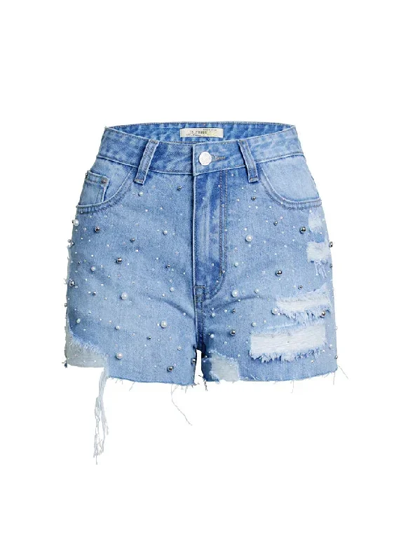 HIGH WAIST PEARL BEADED DENIM SHORTS