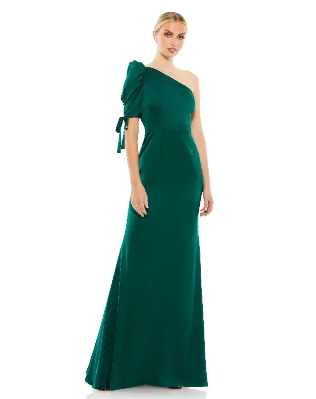 Satin One Shoulder Puff Sleeve Trumpet Gown