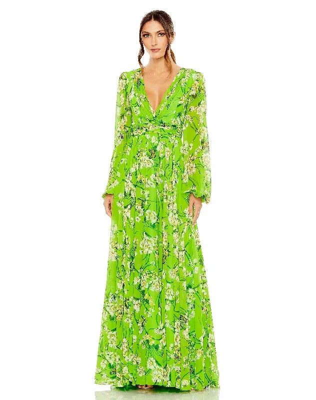 Puff Sleeve Floral Chiffon Gown