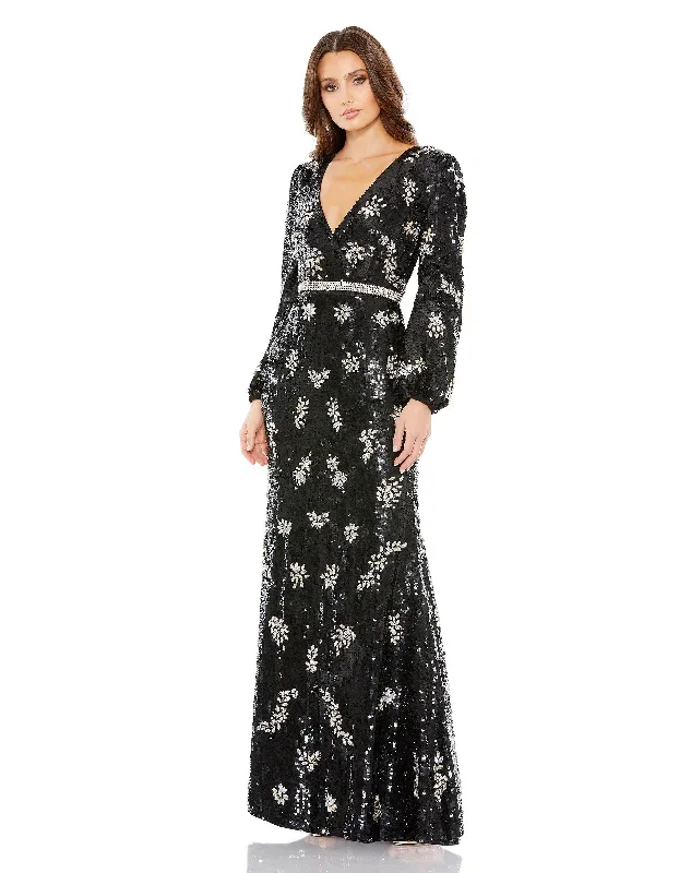 Embellished Wrap Over Bishop Sleeve Gown