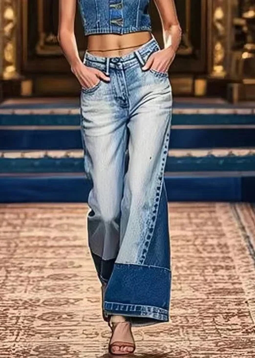 Art Denim Blue Pockets High Waist Patchwork Crop Pants Summer