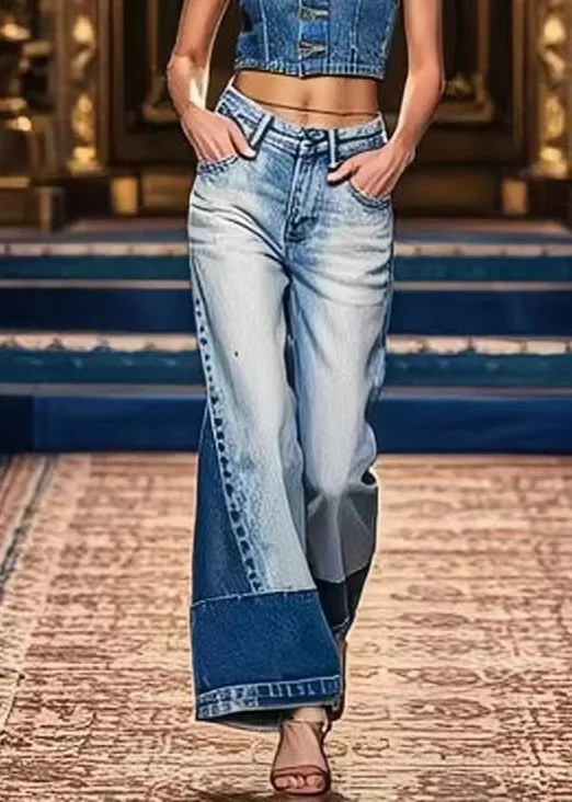 art-denim-blue-pockets-high-waist-patchwork-crop-pants-summer