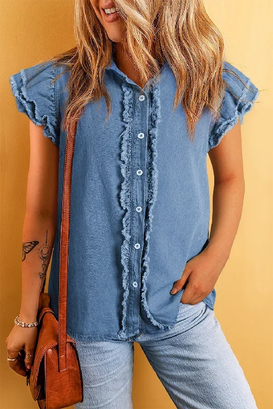 ashleigh-blue-button-front-ruffled-flutter-frayed-denim-top