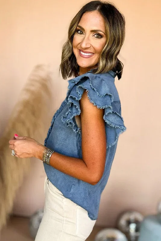 ashleigh-blue-button-front-ruffled-flutter-frayed-denim-top