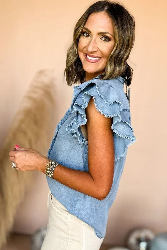 beau-blue-button-front-ruffled-flutter-frayed-denim-top