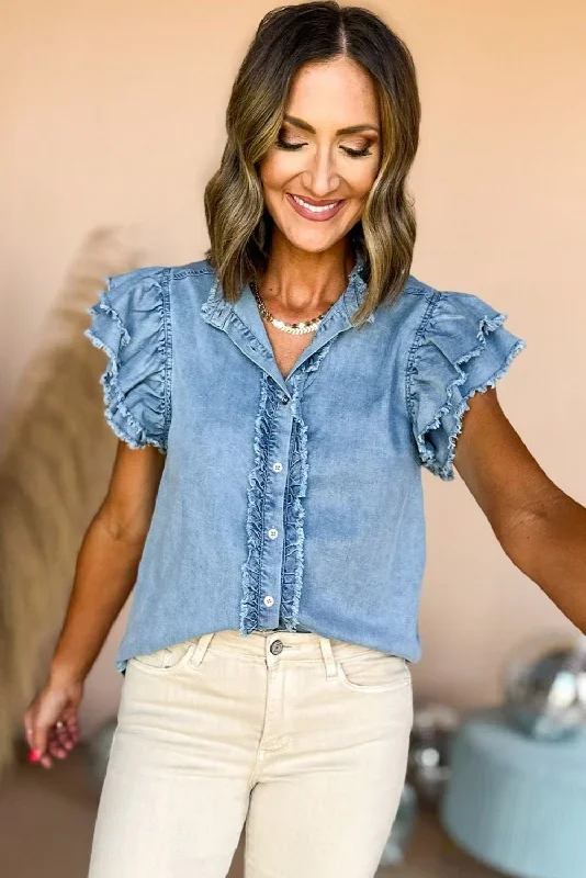 beau-blue-button-front-ruffled-flutter-frayed-denim-top