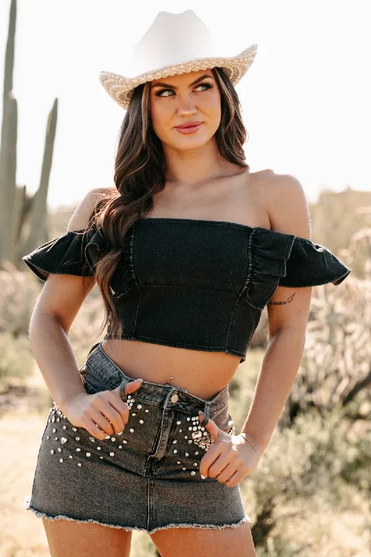 Best Intentions Denim Ruffle Crop Top (Black)