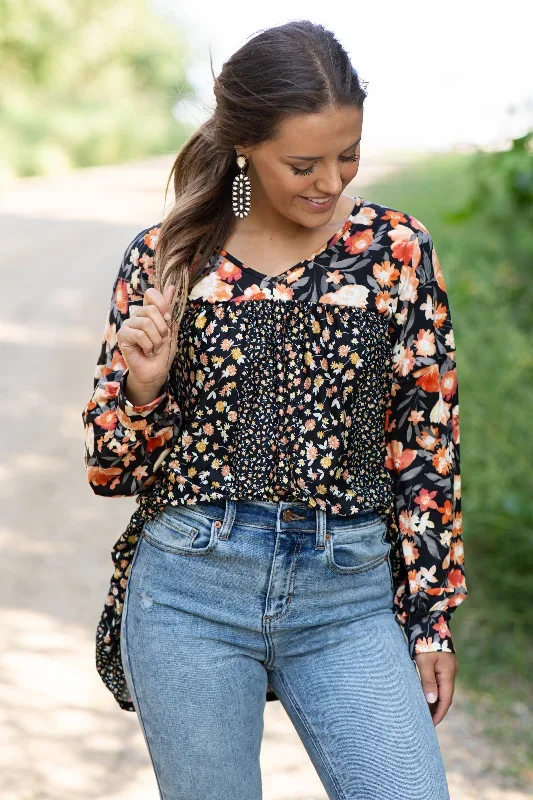 Black and Orange Contrast Floral Print Top