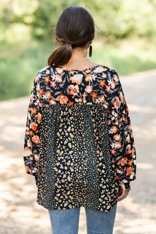 black-and-orange-contrast-floral-print-top