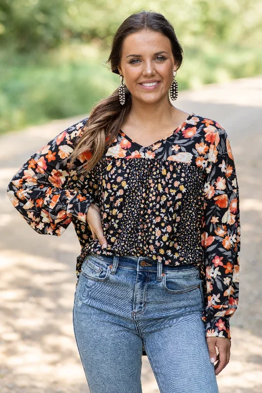 black-and-orange-contrast-floral-print-top