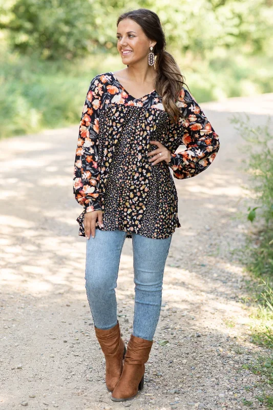 black-and-orange-contrast-floral-print-top