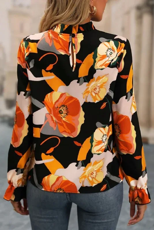 black-floral-print-mock-neck-blouse