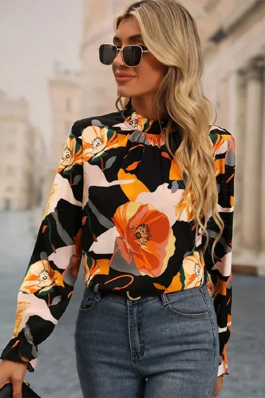 black-floral-print-mock-neck-blouse