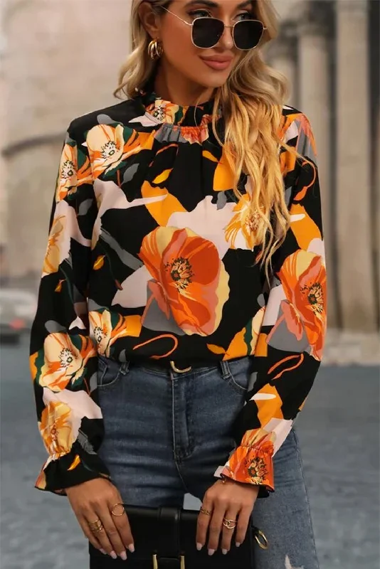 black-floral-print-mock-neck-blouse