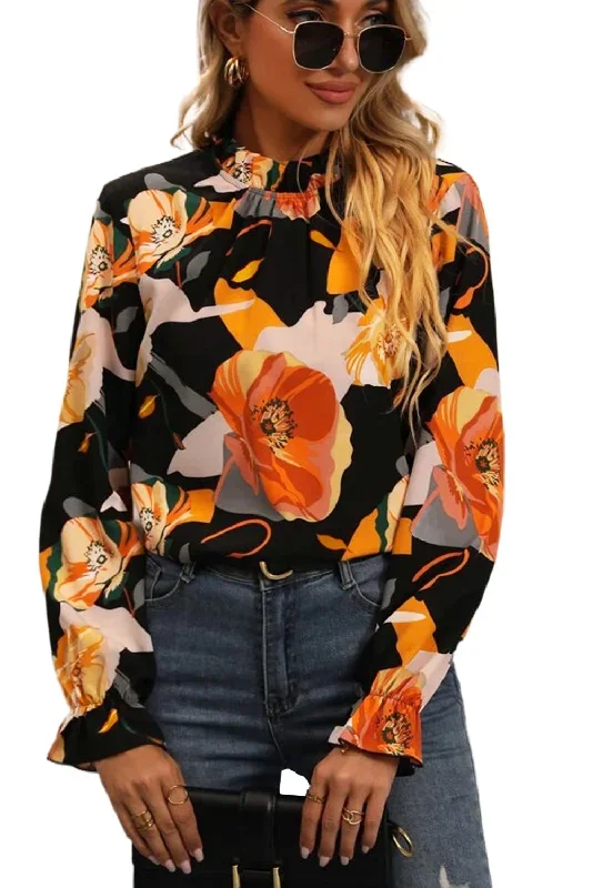 black-floral-print-mock-neck-blouse