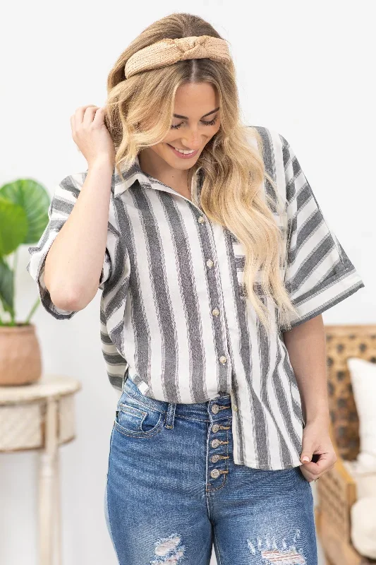 Black Stripe Dolman Sleeve Button Up Woven Top