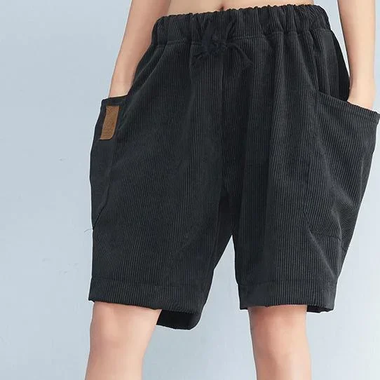 black-striped-casual-cotton-pants-plus-size-elastic-waist-shorts