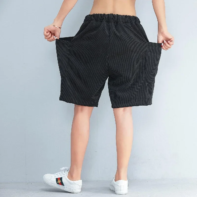 black-striped-casual-cotton-pants-plus-size-elastic-waist-shorts