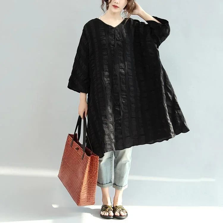 black stylish  linen a line dresses plus size casual shirt dress