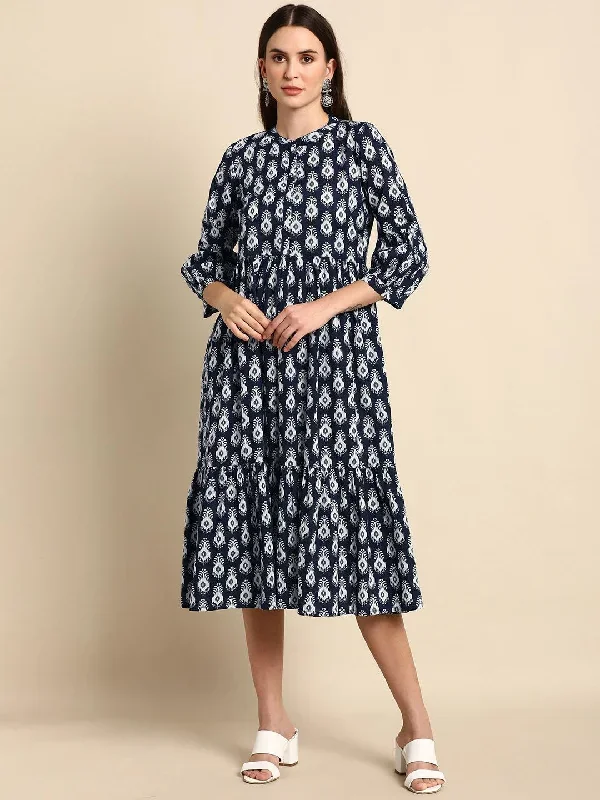 Blue Cotton Ethnic Motifs A-line Western Dress