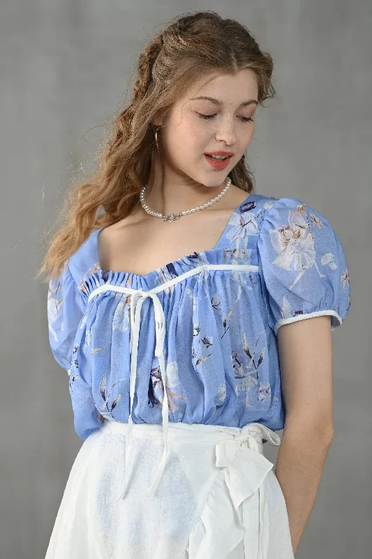 blue-floral-linen-blouse-puff-sleeve-linen-blouse-gathered-linen-blouse-vintage-linen-blouse-short-sleeved-blouse-linennaive