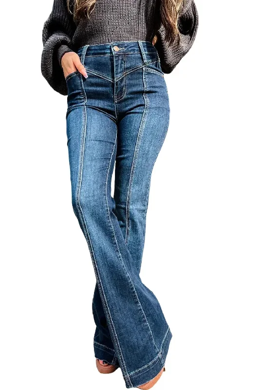 blue-high-waist-seam-stitching-pocket-flare-jeans