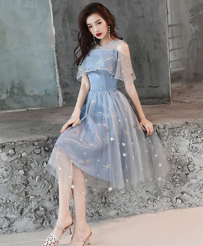 Gray Blue Tulle Lace Short Prom Dress, Gray Blue Homecoming Dress