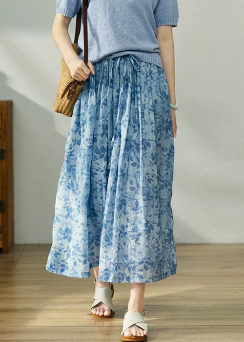 boho-blue-print-lace-up-elastic-waist-cotton-skirt-spring