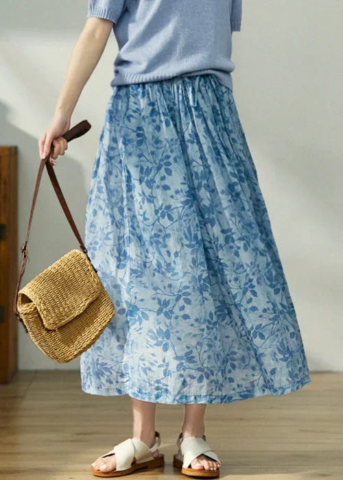 boho-blue-print-lace-up-elastic-waist-cotton-skirt-spring