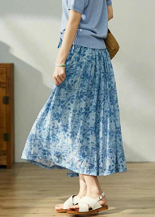 boho-blue-print-lace-up-elastic-waist-cotton-skirt-spring