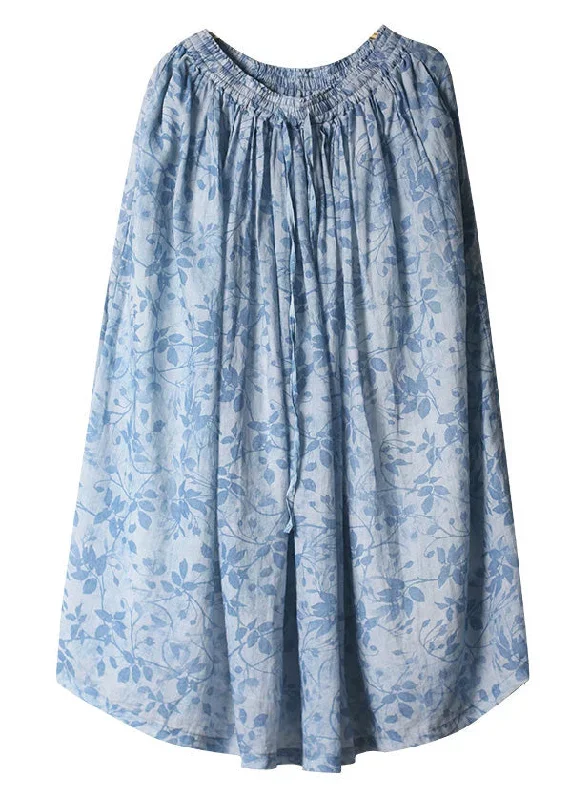 boho-blue-print-lace-up-elastic-waist-cotton-skirt-spring