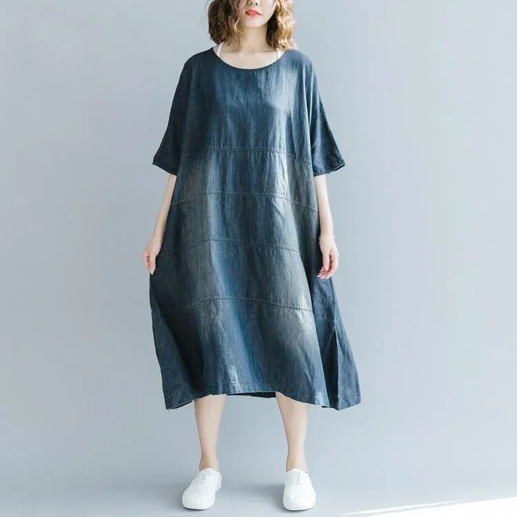 boutique denim blue dresses Loose fitting o neck baggy dresses traveling clothing vintage half sleeve patchwork dresses