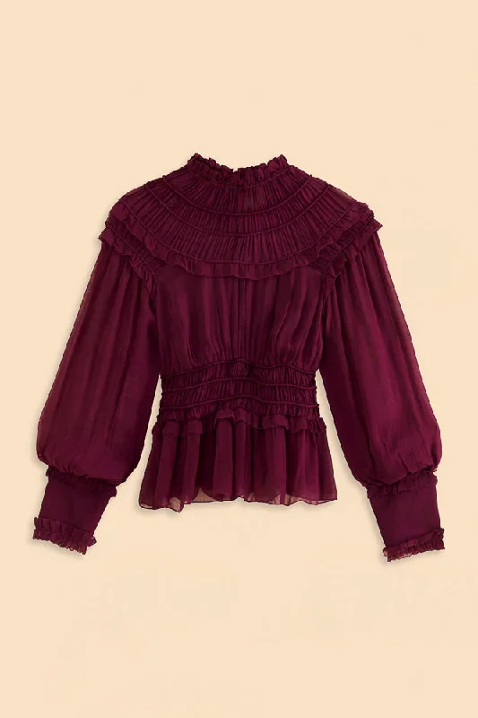 burgundy-ruffle-high-neck-blouse