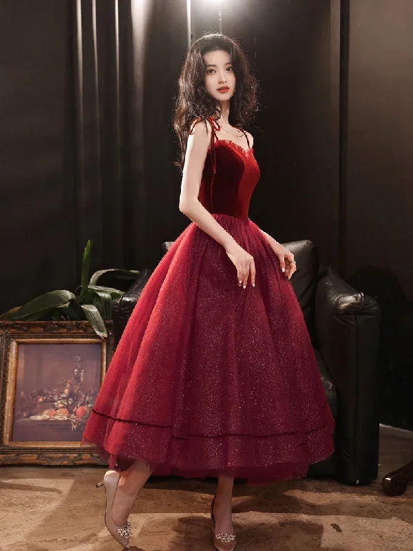 Burgundy sweetheart neck tulle short prom dress, burgundy puffy homecoming dress