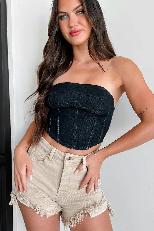 Burned Bridges Strapless Denim Crop Top (Black)