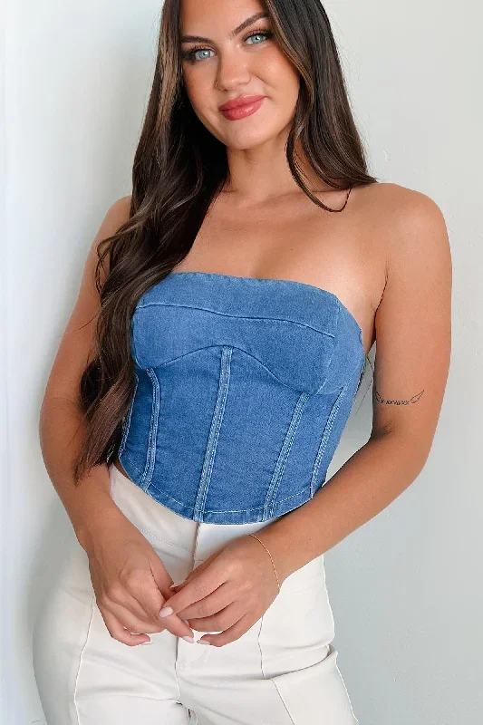 Burned Bridges Strapless Denim Crop Top (Medium-Light Denim)