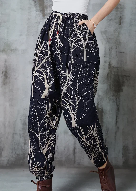 casual-black-oversized-print-cotton-harem-pants-spring