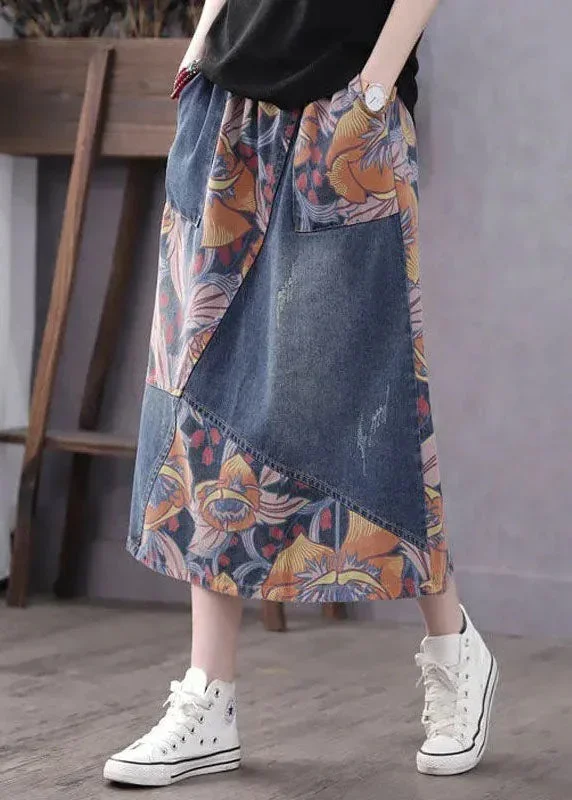 Casual Blue Pockets Patchwork Print A Line Fall Denim Skirt