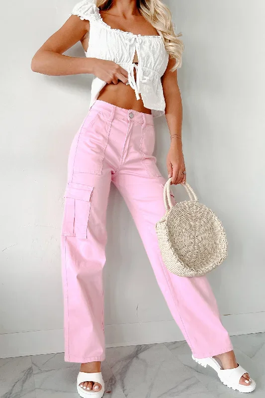 Casual Connections High Waisted Cargo Jeans (Light Pink)