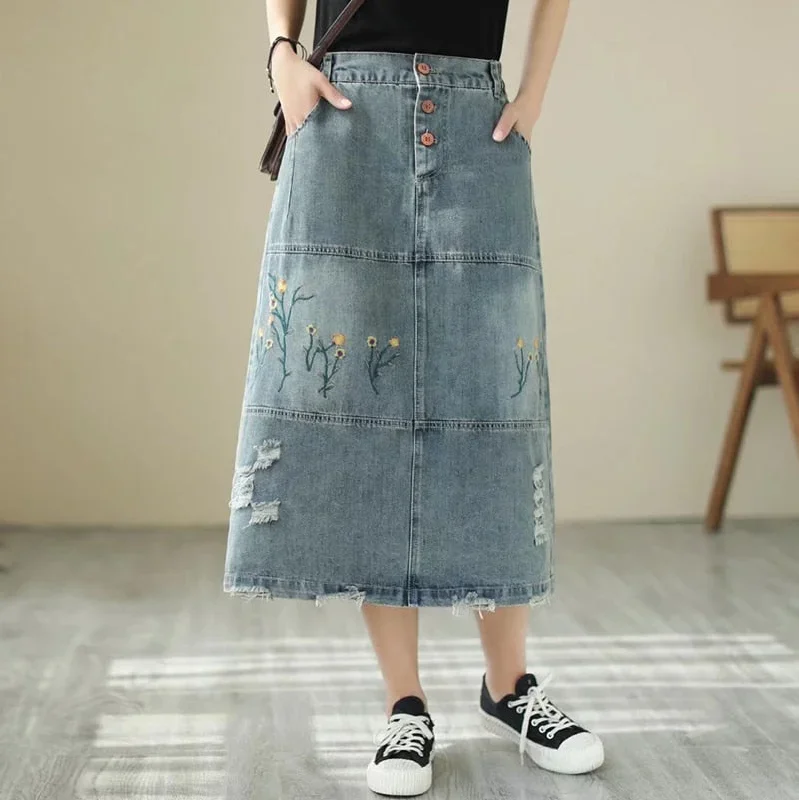 casual-denim-mid-calf-button-hole-patchwork-skirt