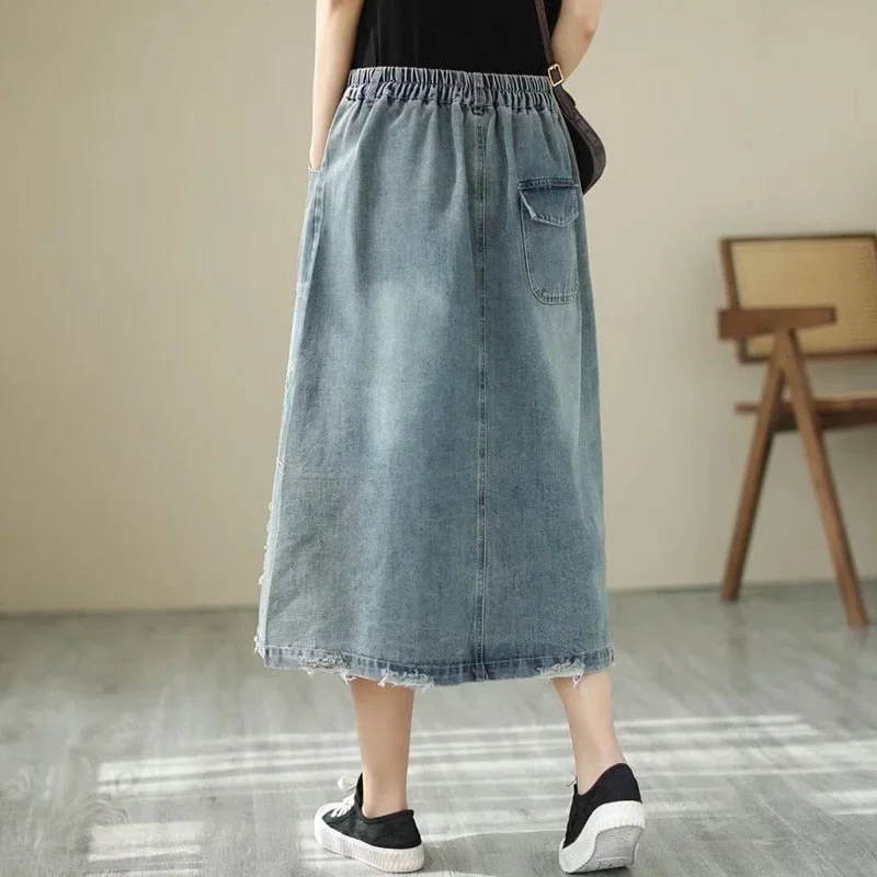 casual-denim-mid-calf-button-hole-patchwork-skirt