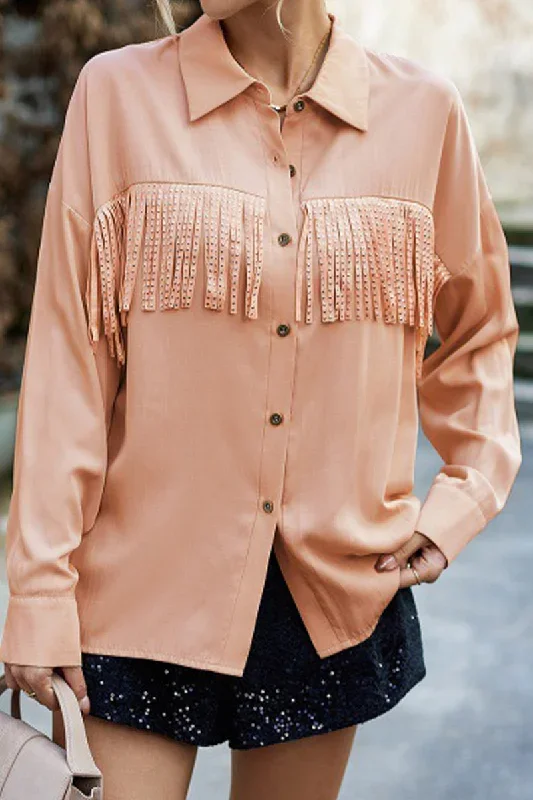 casual-solid-tassel-shirt-collar-tops