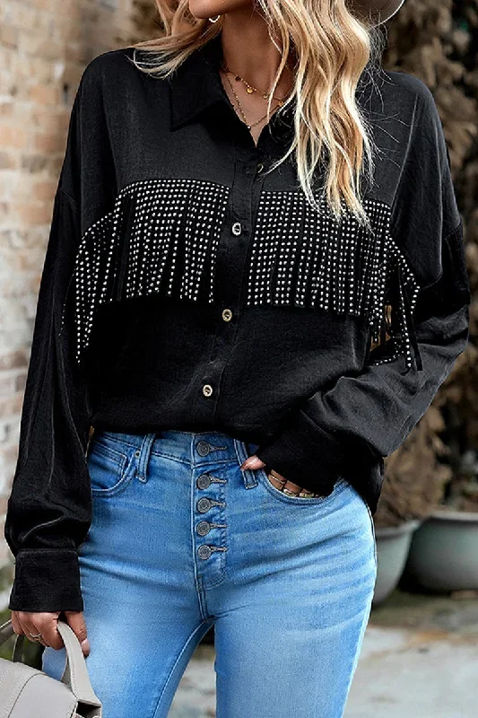 casual-solid-tassel-shirt-collar-tops