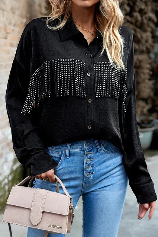 casual-solid-tassel-shirt-collar-tops