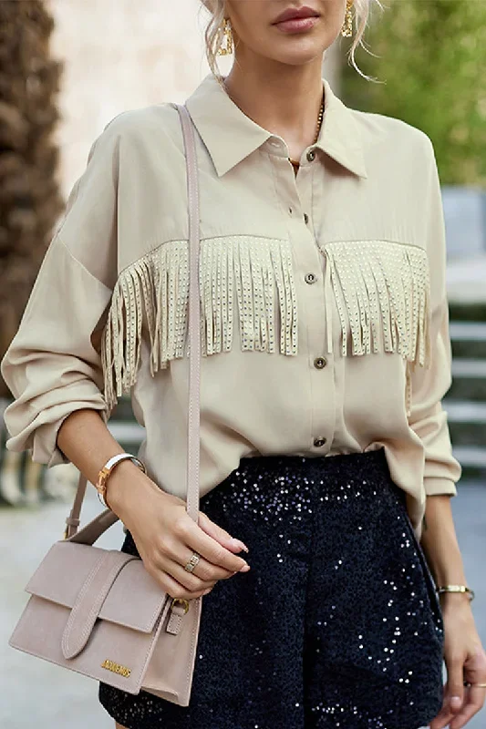 casual-solid-tassel-shirt-collar-tops