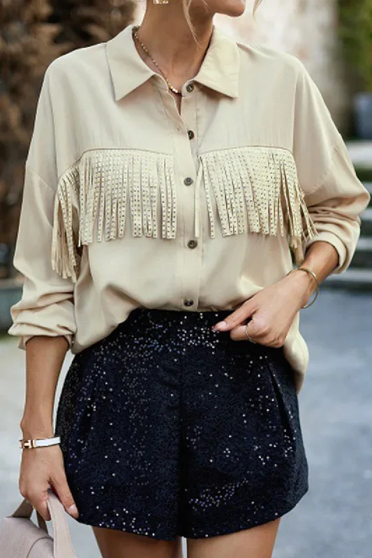 casual-solid-tassel-shirt-collar-tops