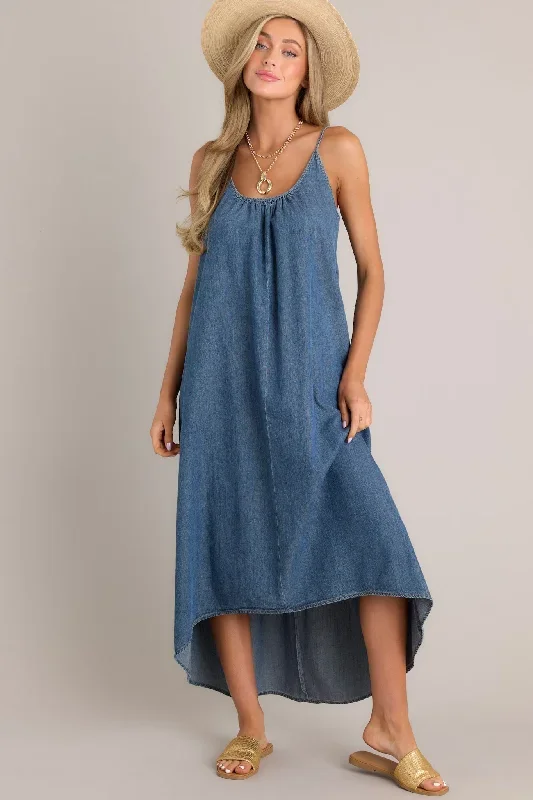 Celestial Swing Denim Asymmetrical High Low Dress