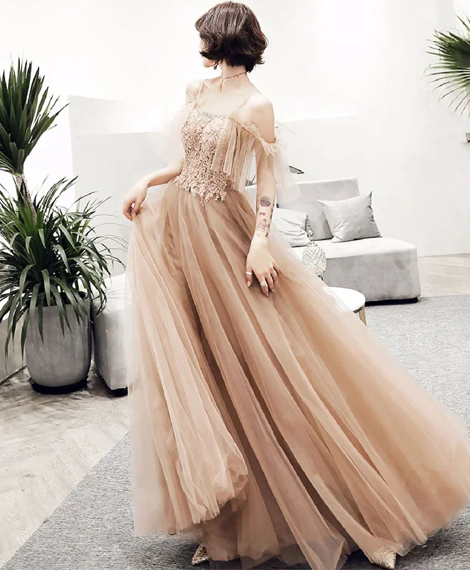 Champagne Tulle Lace Long Prom Dress, Champagne Evening Dress